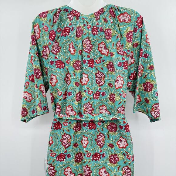 Maisie Tie Waist Midi Dress in Ethnic Floral Sz L Green Pink Boho Beachy Cotton - Picture 5 of 16